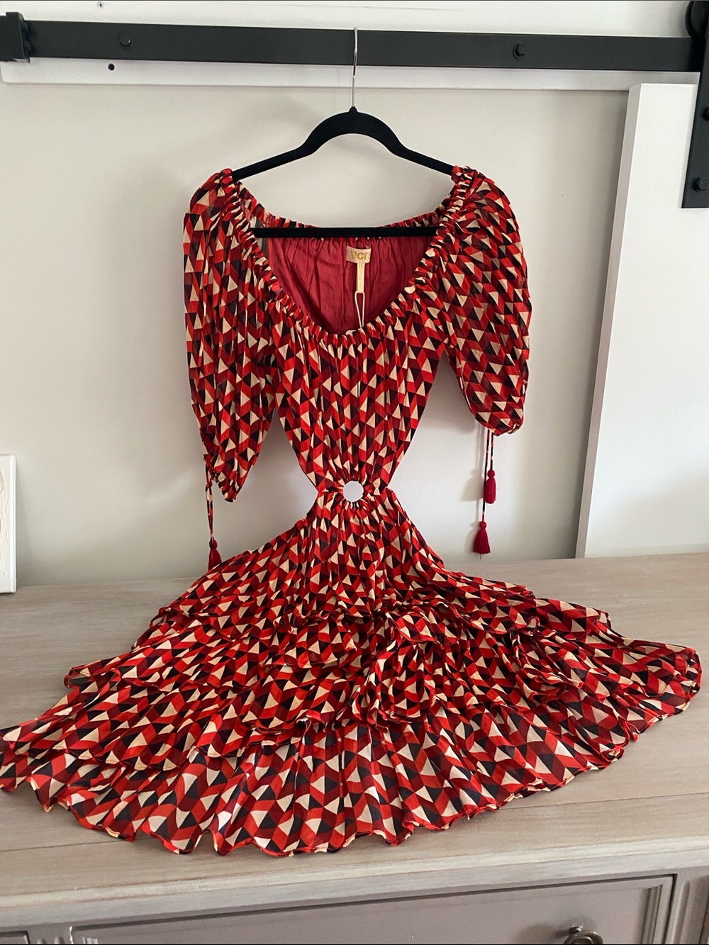 Verb Red Geometric Midi Dress with Puff Sleeves